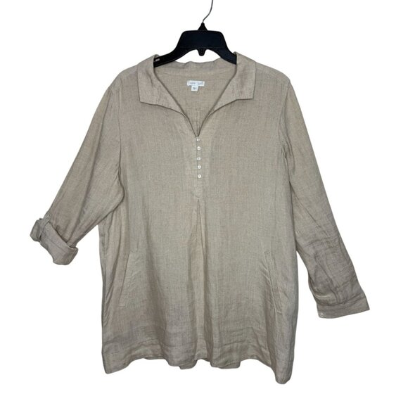 J. Jill Love Linen Beige Neutral Oversized Tunic Top Pockets Roll Tab  Size L - Picture 1 of 8